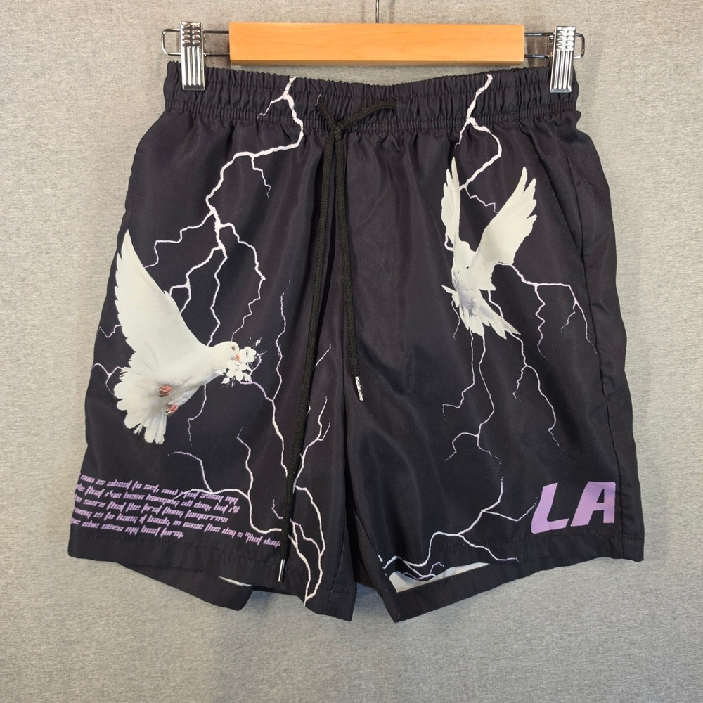 Romwe Mens XS Black Graphic Shorts Dove Lightning LA Streetwear Casual